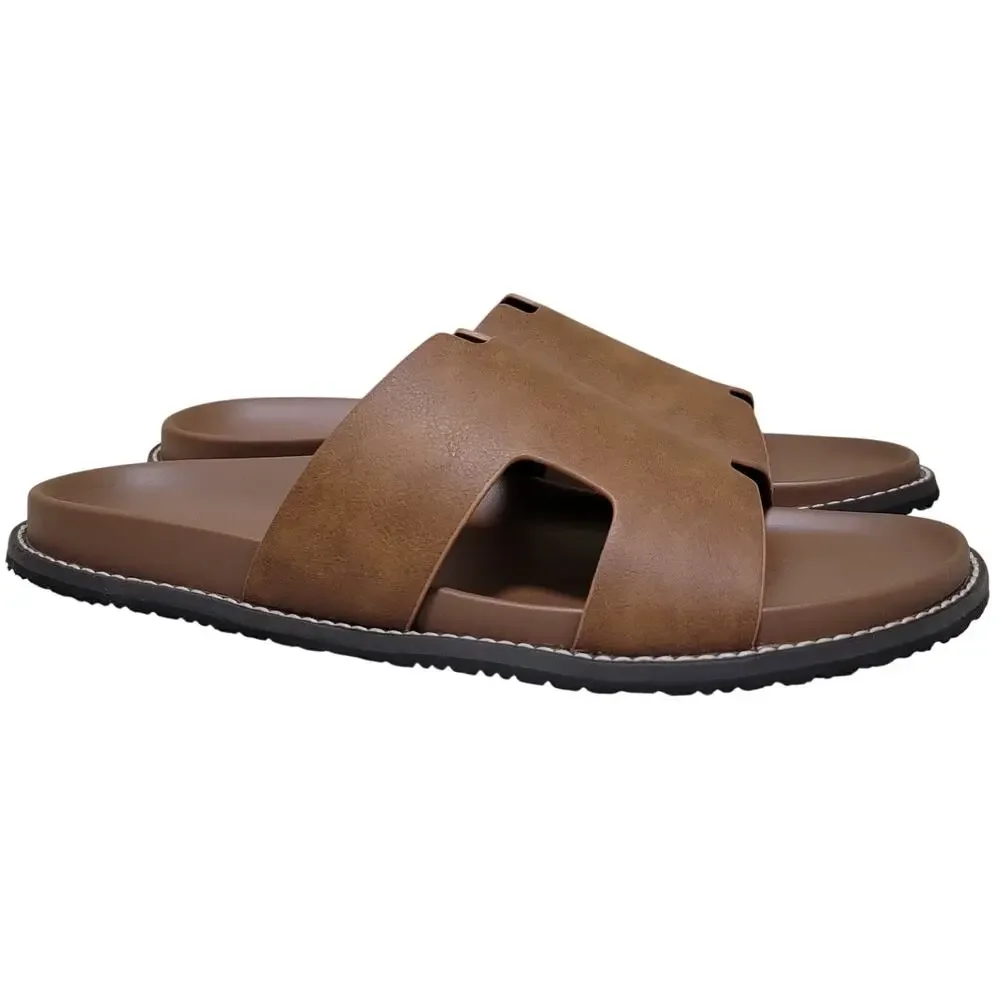 Call It Spring Men Crestmont Slide Sandals Size US 10 Cognac Brown Vegan Leather